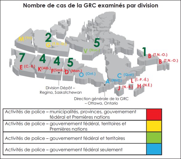 Carte du Canada qui représente le nombre de cas de la GRC examinés par division. 