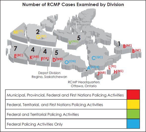 A map of Canada illustrating the number of RCMP cases examined by division.