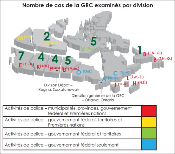 Carte du Canada qui représente le nombre de cas de la GRC examinés par division.