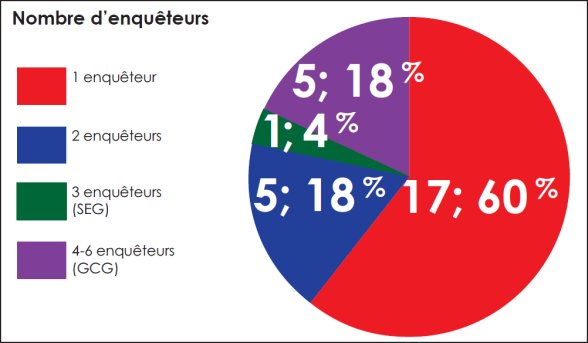 Diagramme circulaire qui représente, pour chaque cas examiné, le nombre d’enquêteurs affectés à l'enquête