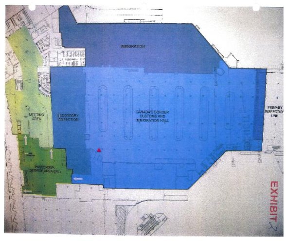 Physical blueprint of the Vancouver International Airport (YVR) illustrating the International Arrivals area.