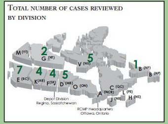 A map of Canada illustrating the number of RCMP cases examined by division.