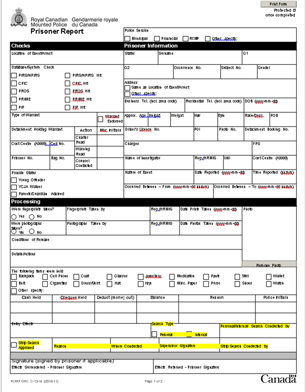 an image of the Prisoner Report Form- first page