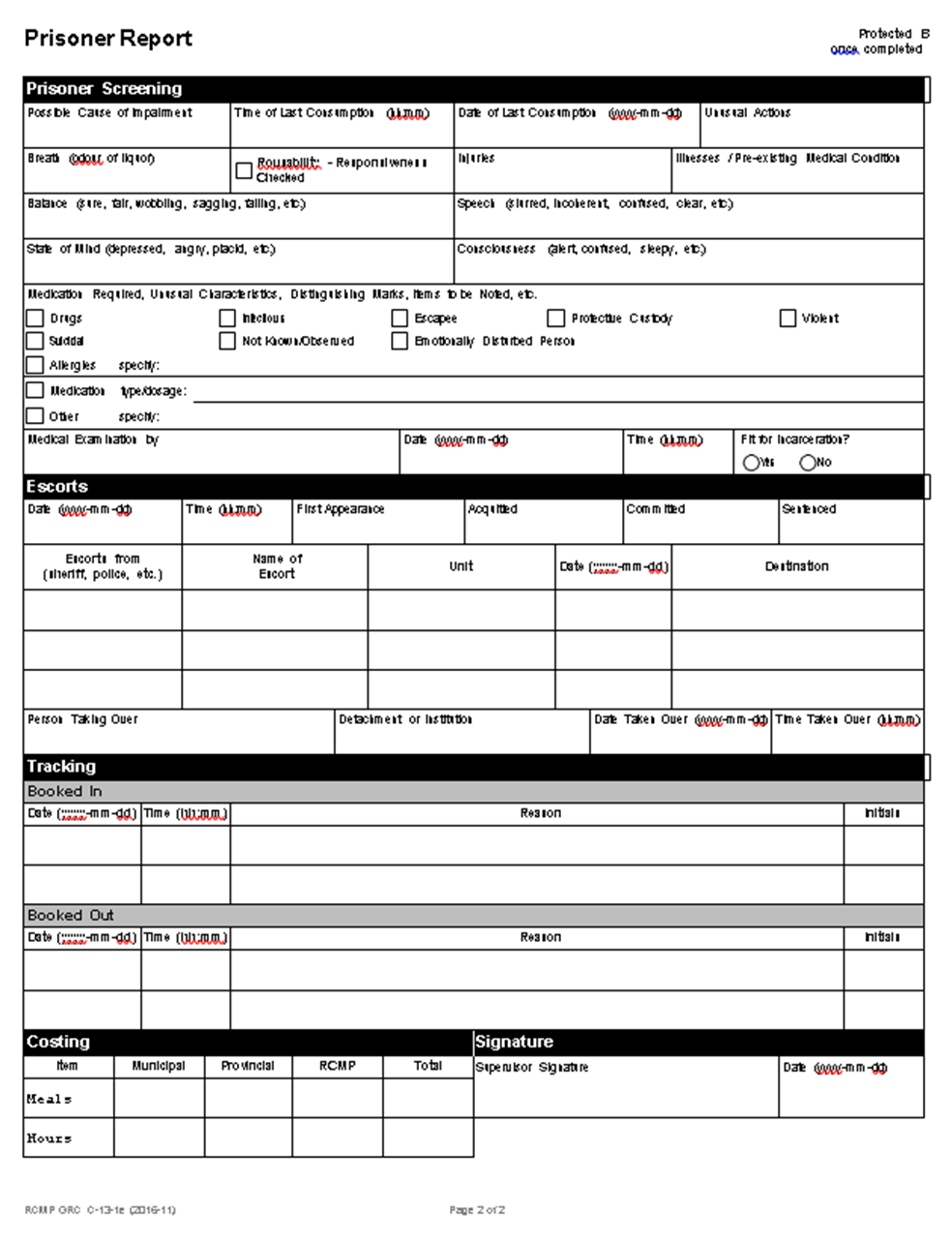 an image of the Prisoner Report Form - second page